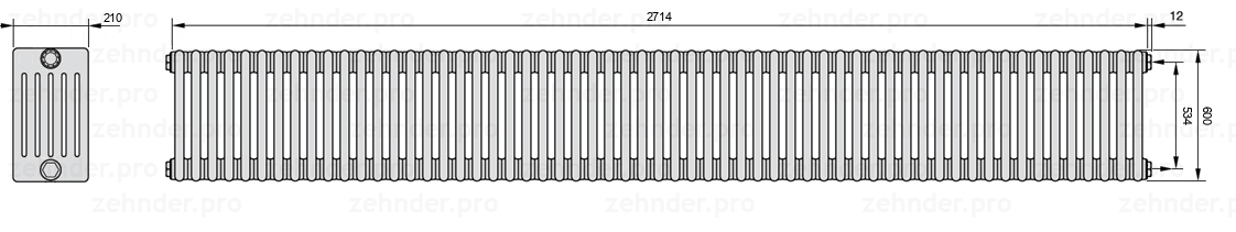 Схема (чертеж) Радиатор Zehnder Charleston 6060/59 №7610 Белый глянцевый RAL 9016